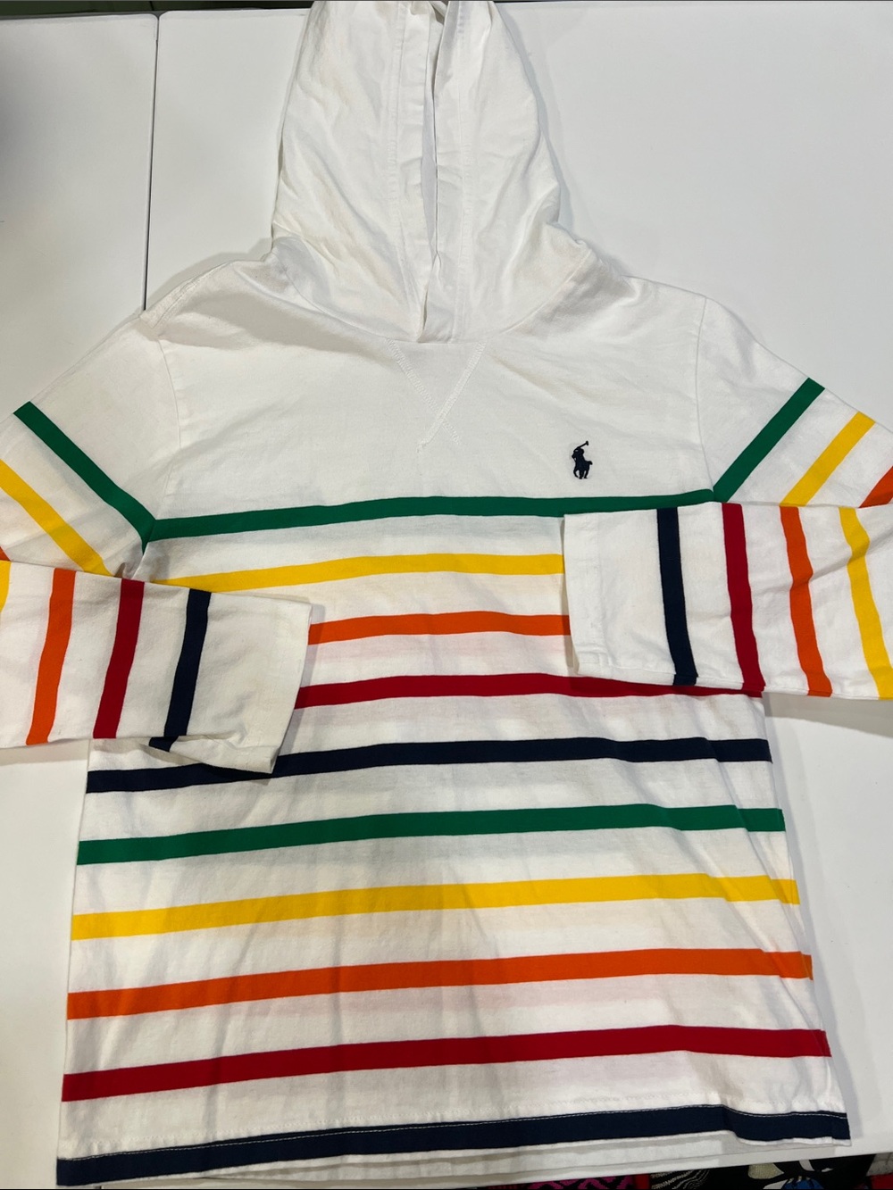 Ralph Lauren Kids White‎ Hoodie with Multicolor Stripes - 10/12, EUC